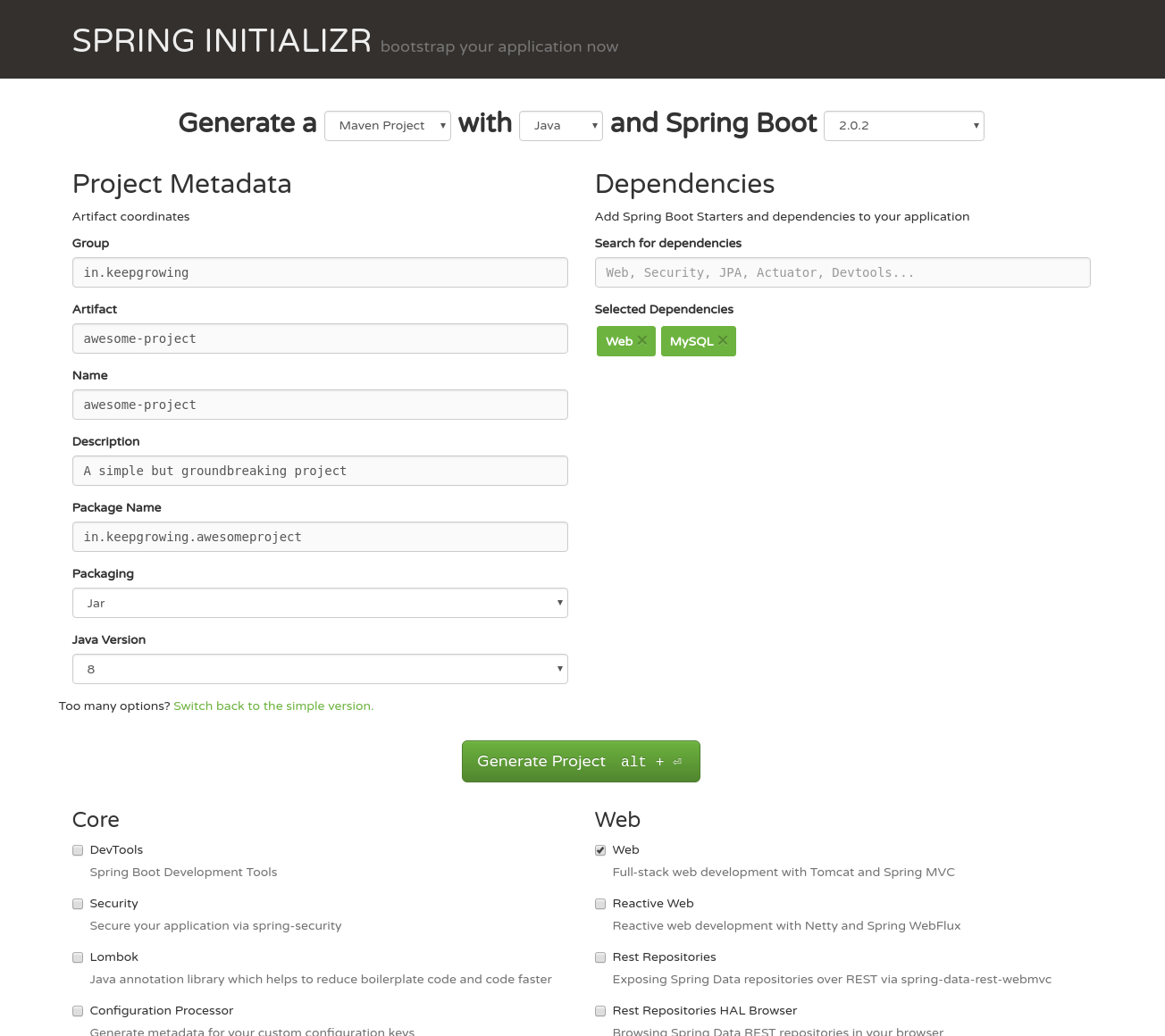 Screenshot of Spring Initializr with example project data