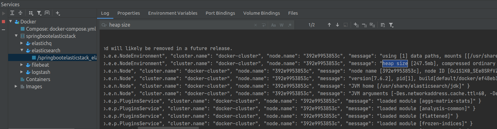 browsing logs with docker plugin in inteliJ screenshot