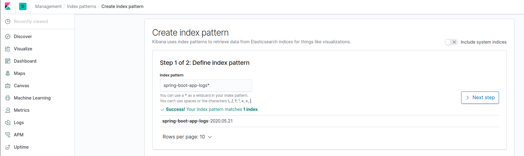 creating an index in Kibana manual configuration