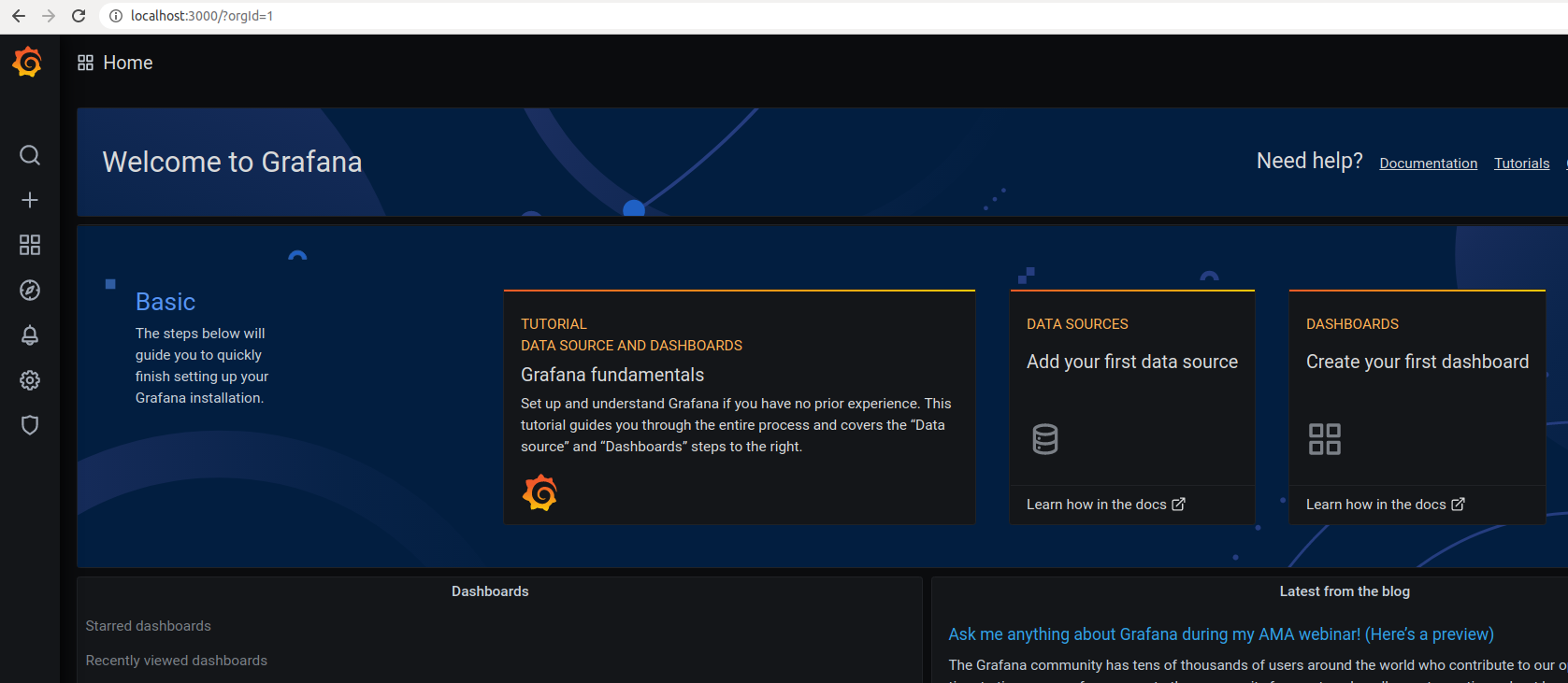 Grafana welcome screen
