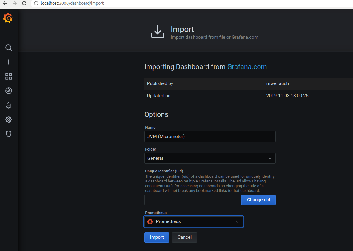 Importing the JVM dashboard