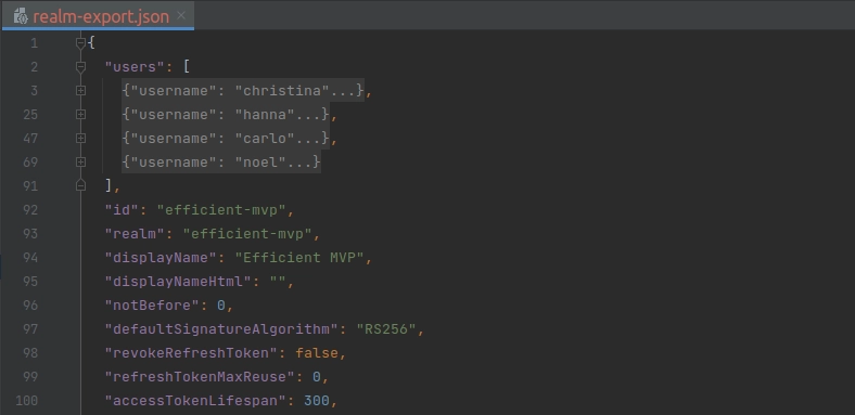Kecyloak realm config with users