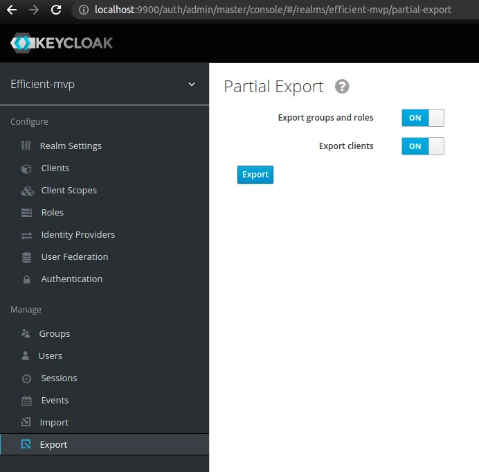 Keycloak realm export through Admin Console