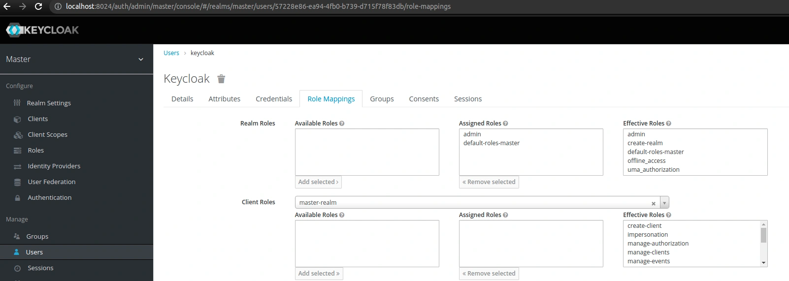 roles assigned to a default admin account in Keycloak