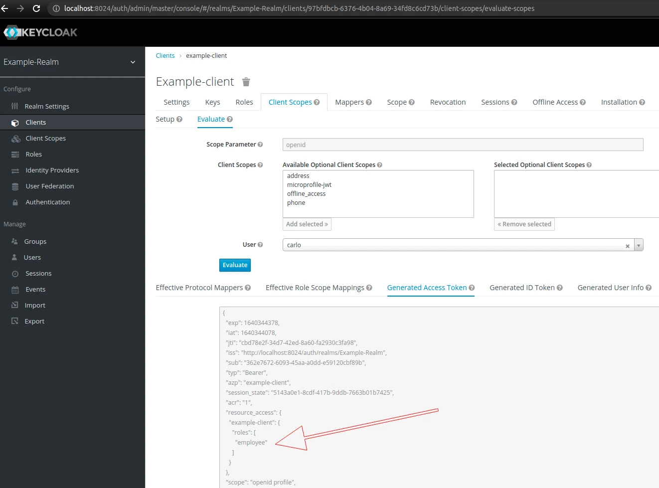 example access token containing client roles