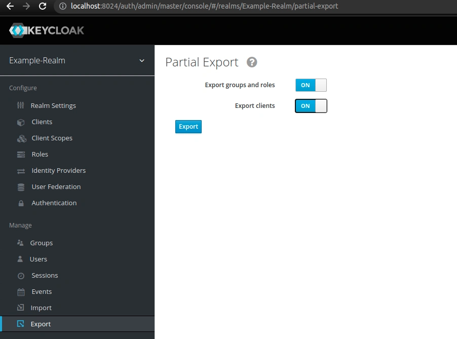 exporting keycloak realm with user roles, groups and clients