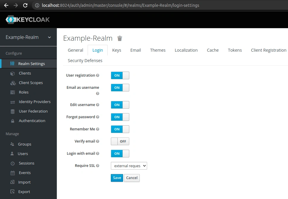 Login options of a Keycloak realm