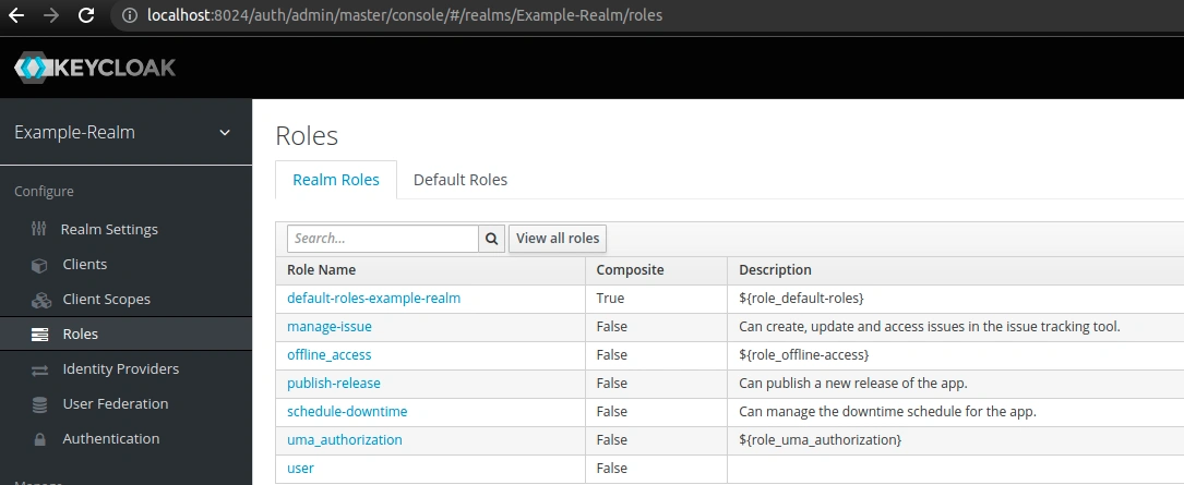 user role list for a Keycloak realm